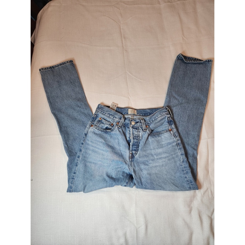 Levis 501 Original Fit Distressed Skinny Jeans Blue Ripped Knee Button Fly 28x28